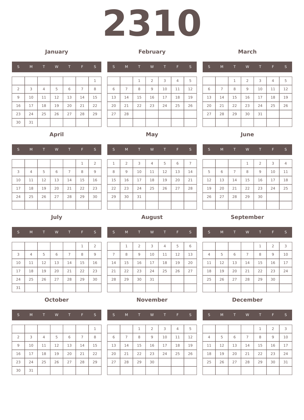 Printable 2310 Year Calendars wenge
