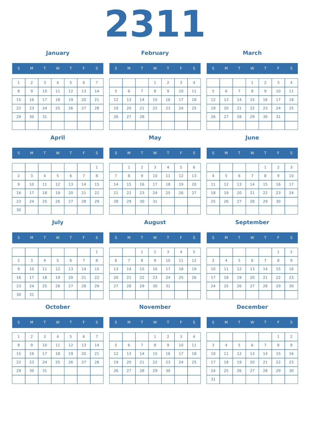 Printable 2311 Year Calendars blue