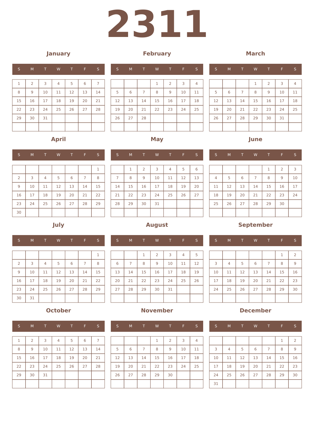 Printable 2311 Year Calendars coffe