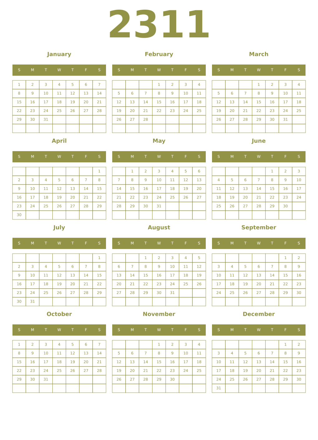Printable 2311 Year Calendars eburnean