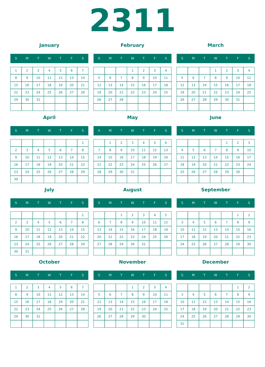 Printable 2311 Year Calendars pastel
