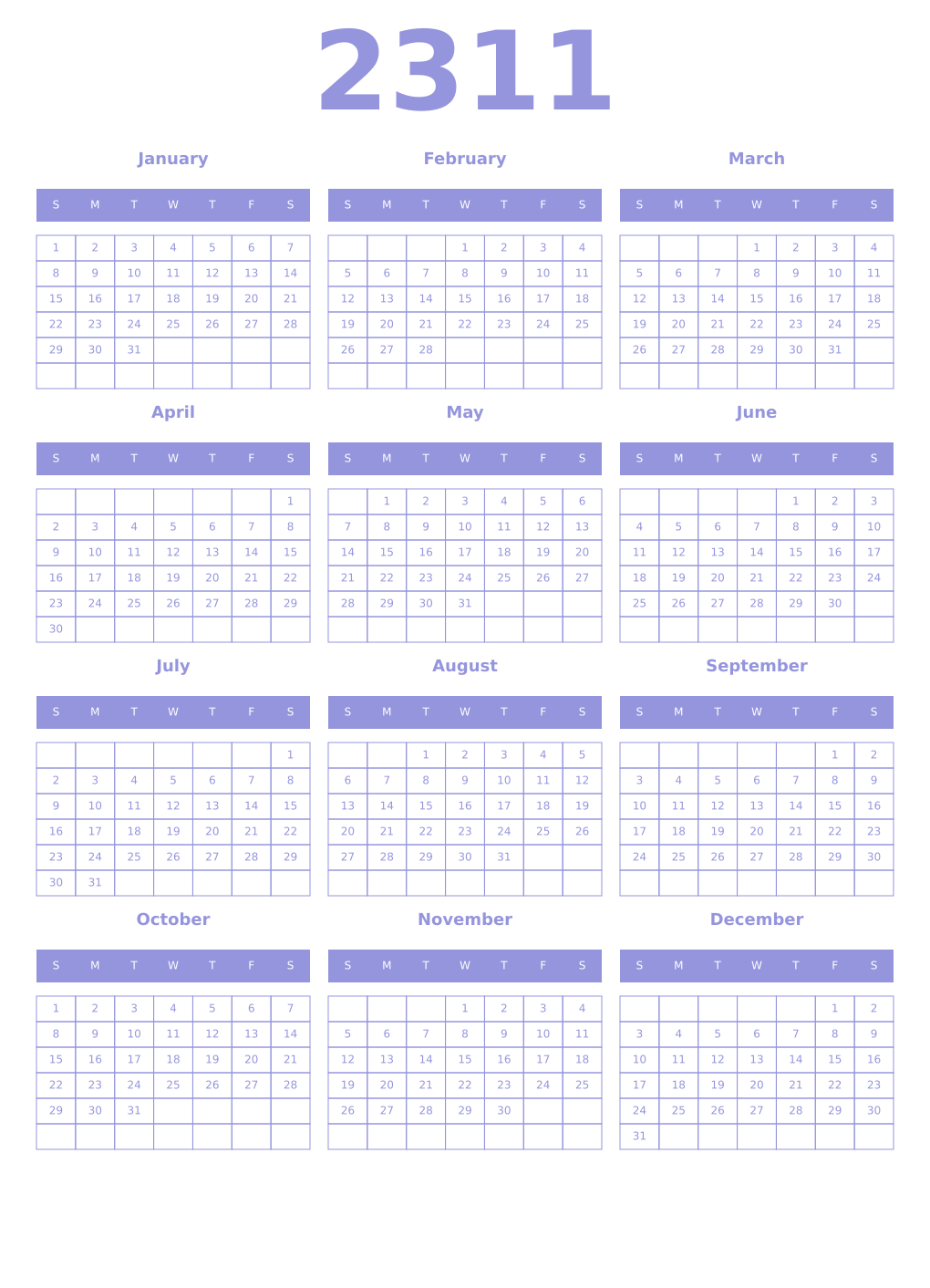 Printable 2311 Year Calendars periwinkle