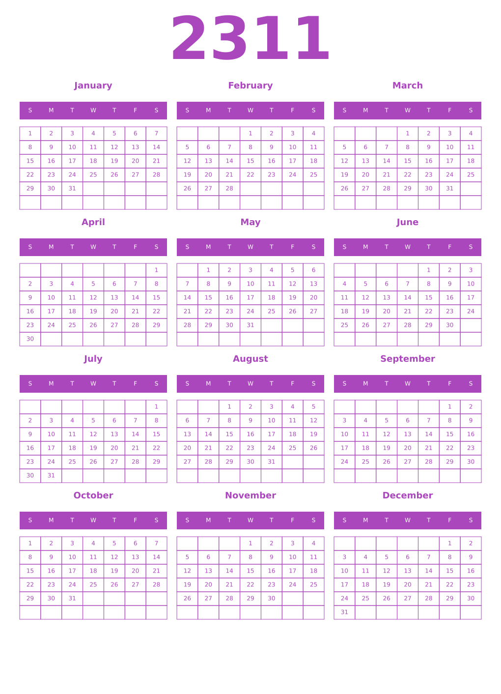Printable 2311 Year Calendars purple
