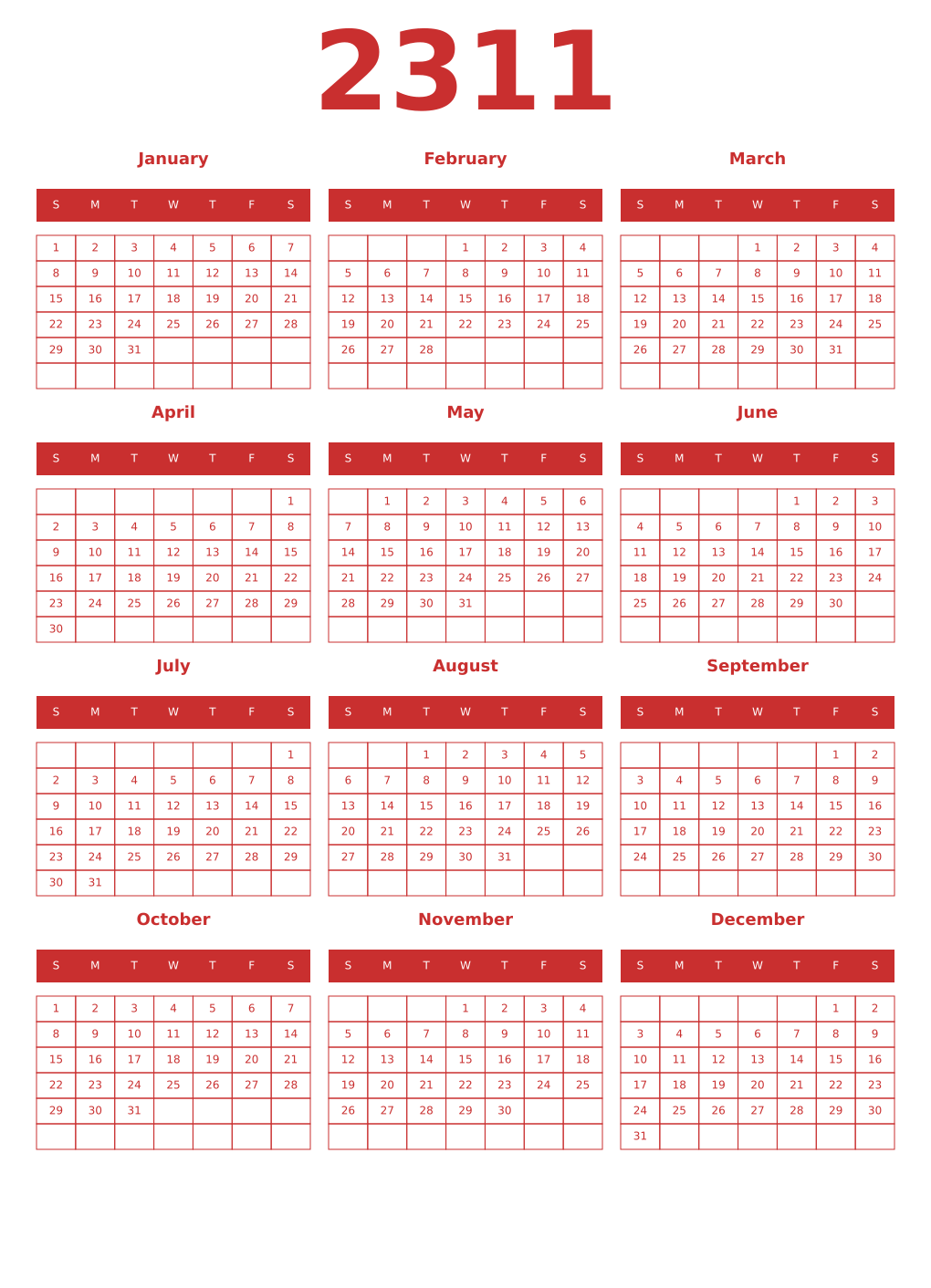 Printable 2311 Year Calendars red