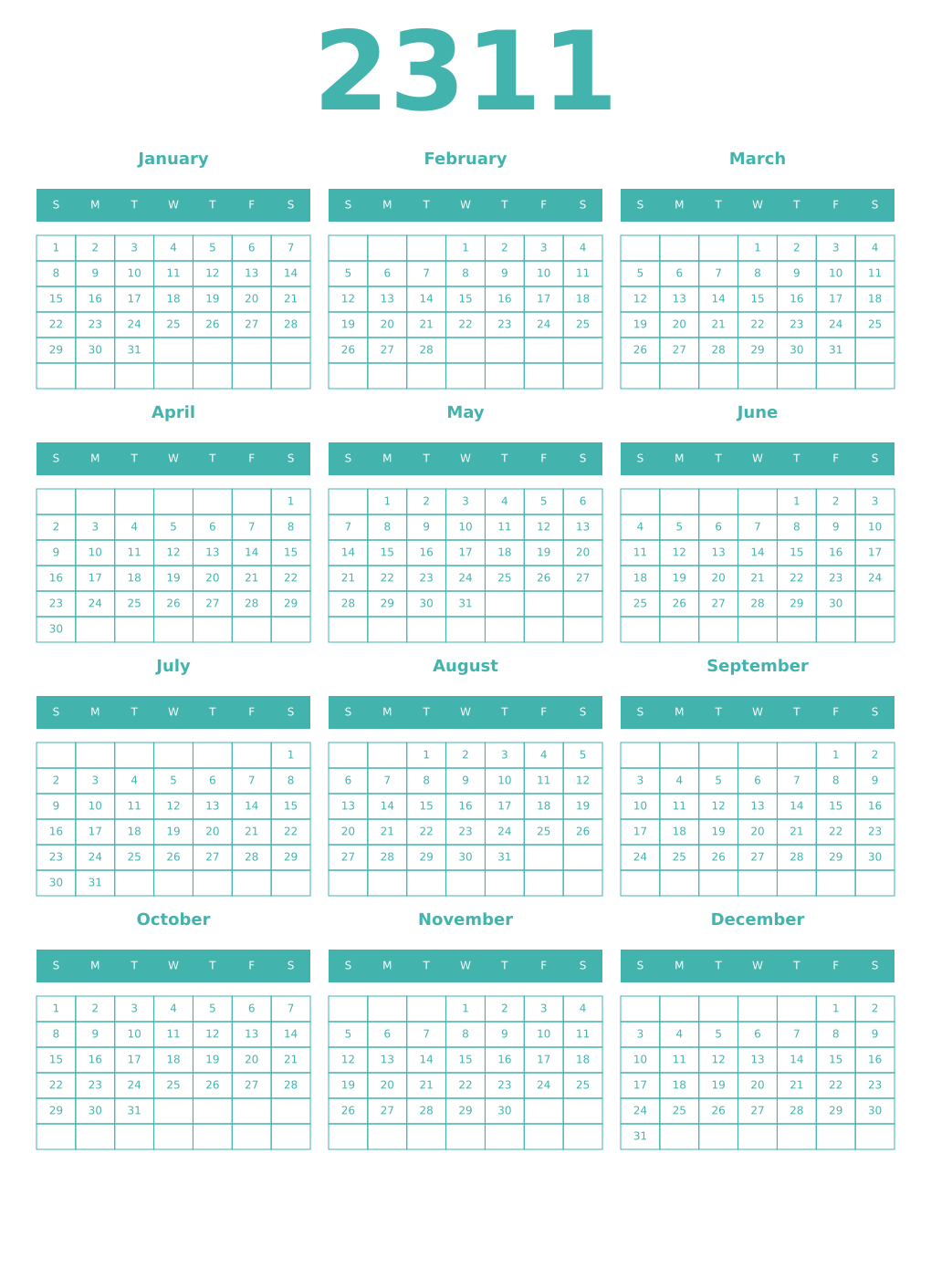Printable 2311 Year Calendars verdigris
