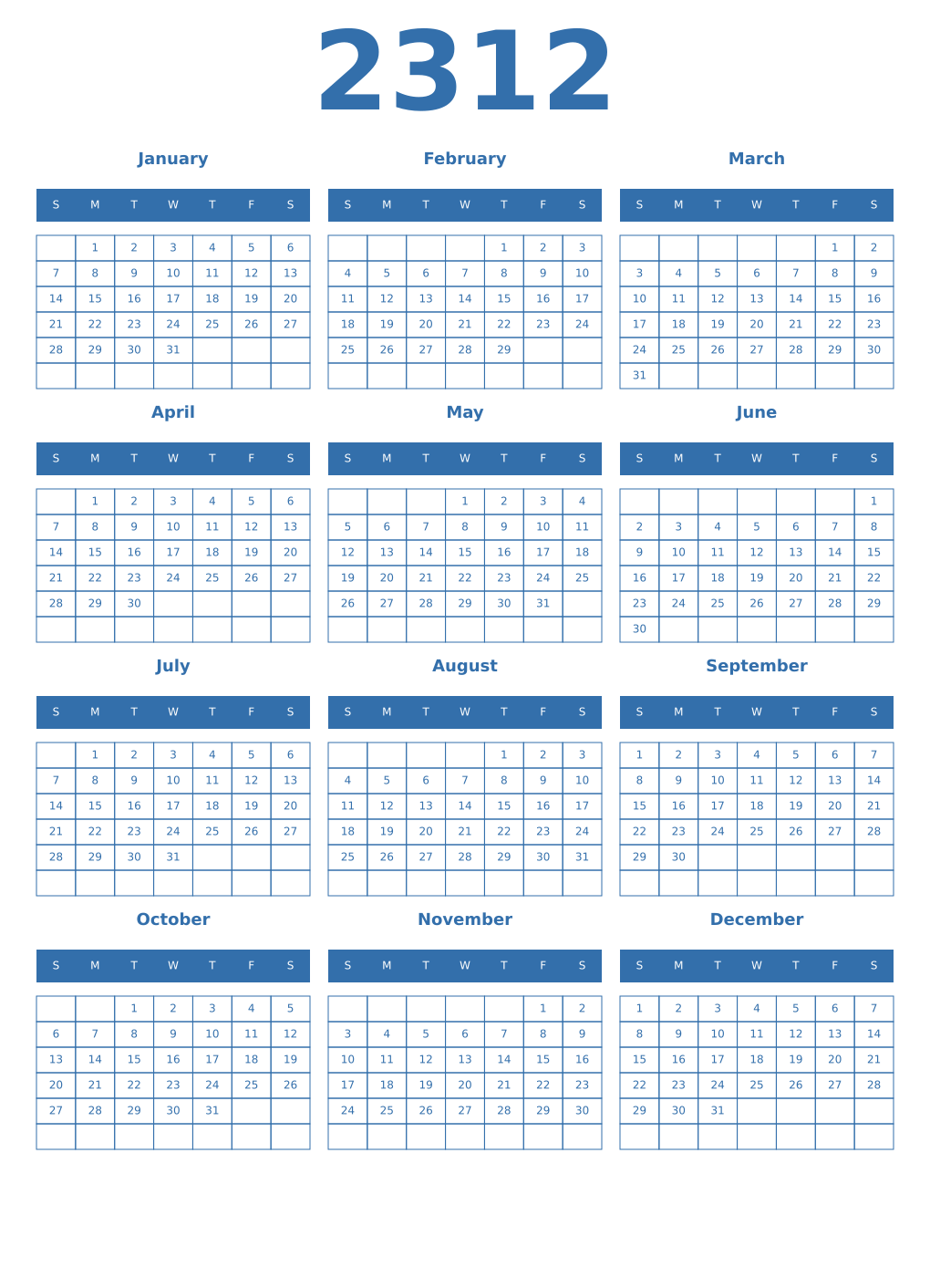 Printable 2312 Year Calendars blue