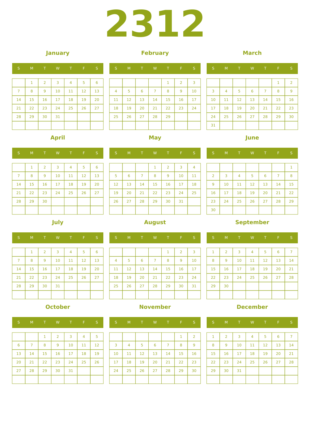 Printable 2312 Year Calendars chartreuse