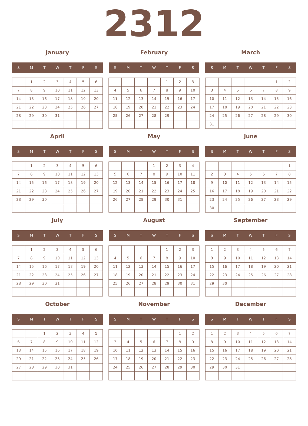 Printable 2312 Year Calendars coffe