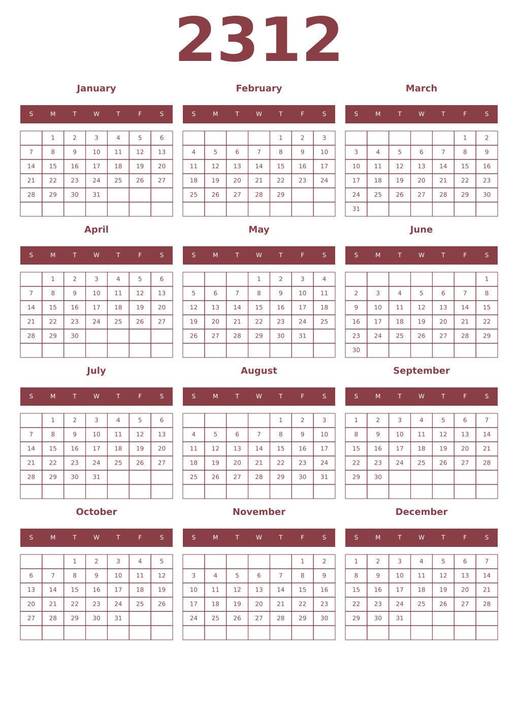 Printable 2312 Year Calendars cordovan