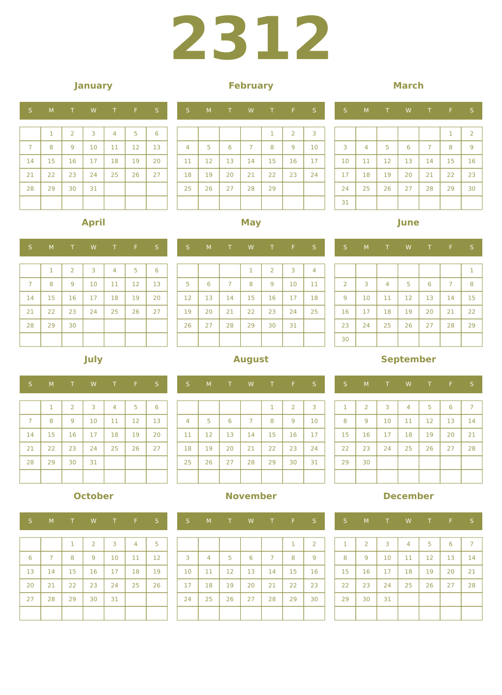 Printable 2312 Year Calendars eburnean