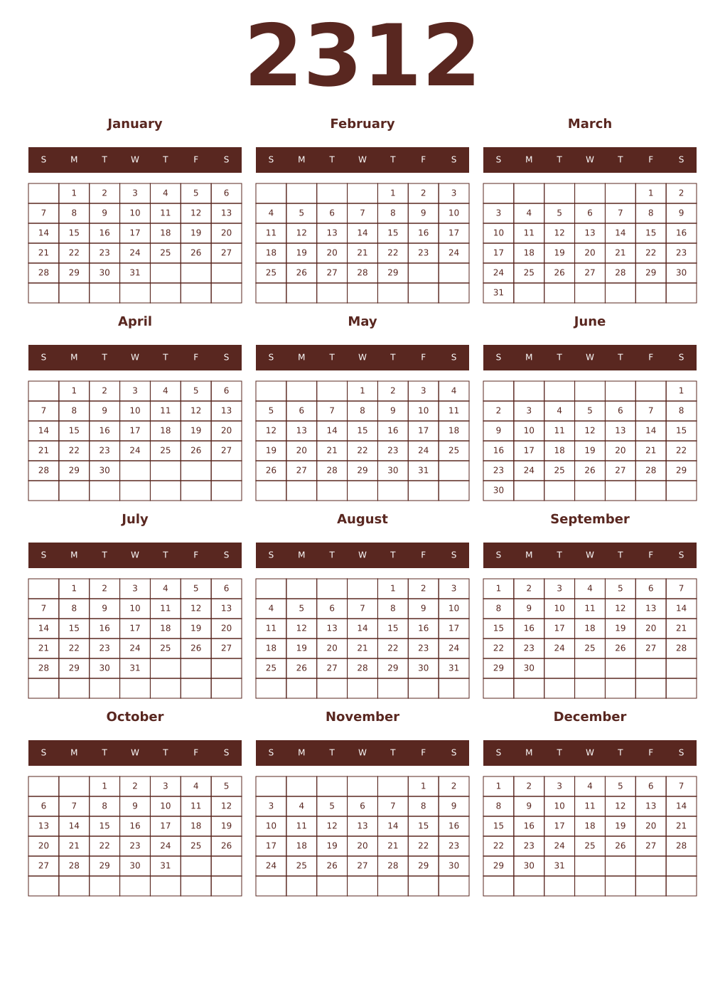 Printable 2312 Year Calendars mortuum