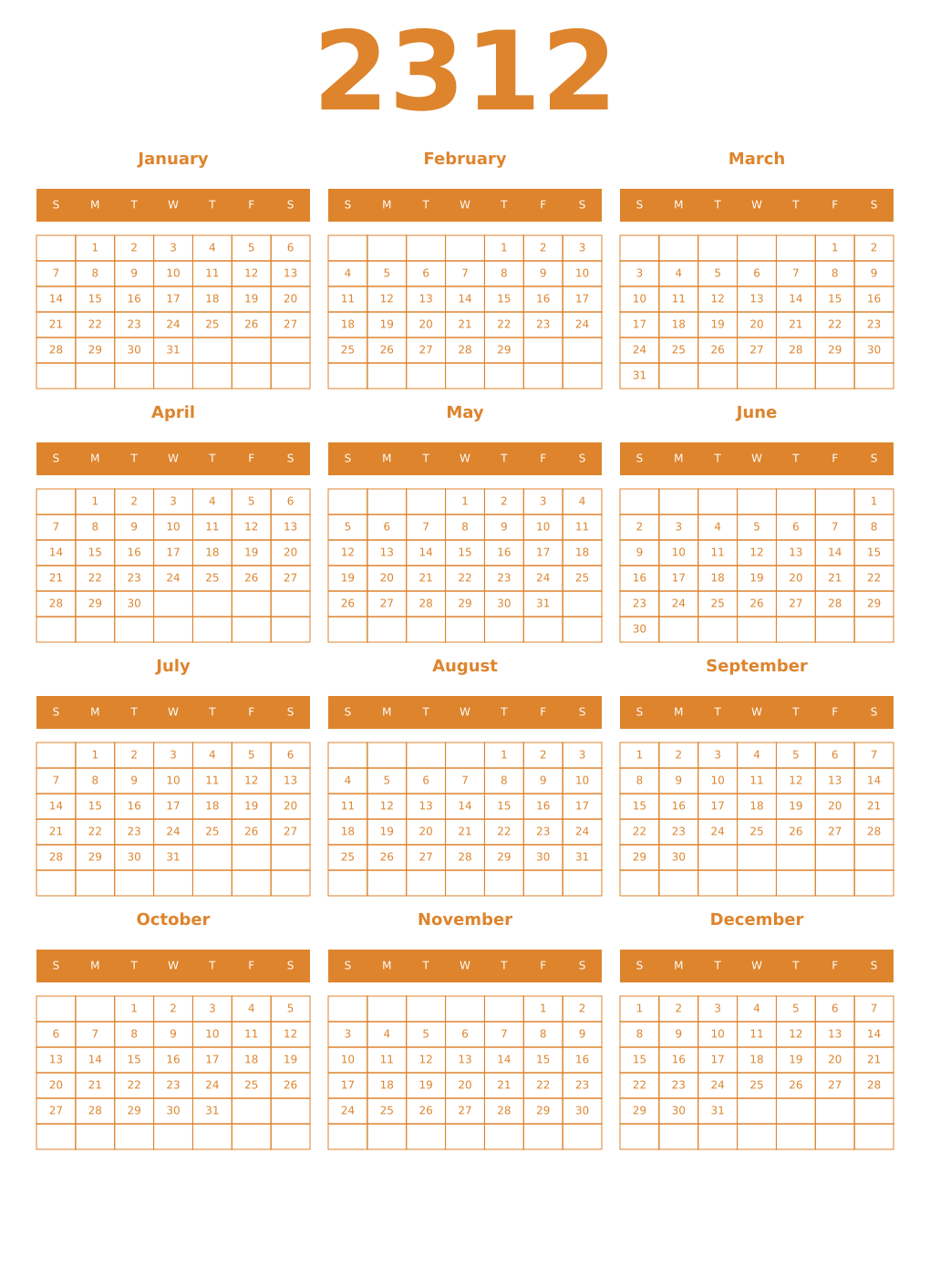 Printable 2312 Year Calendars orange