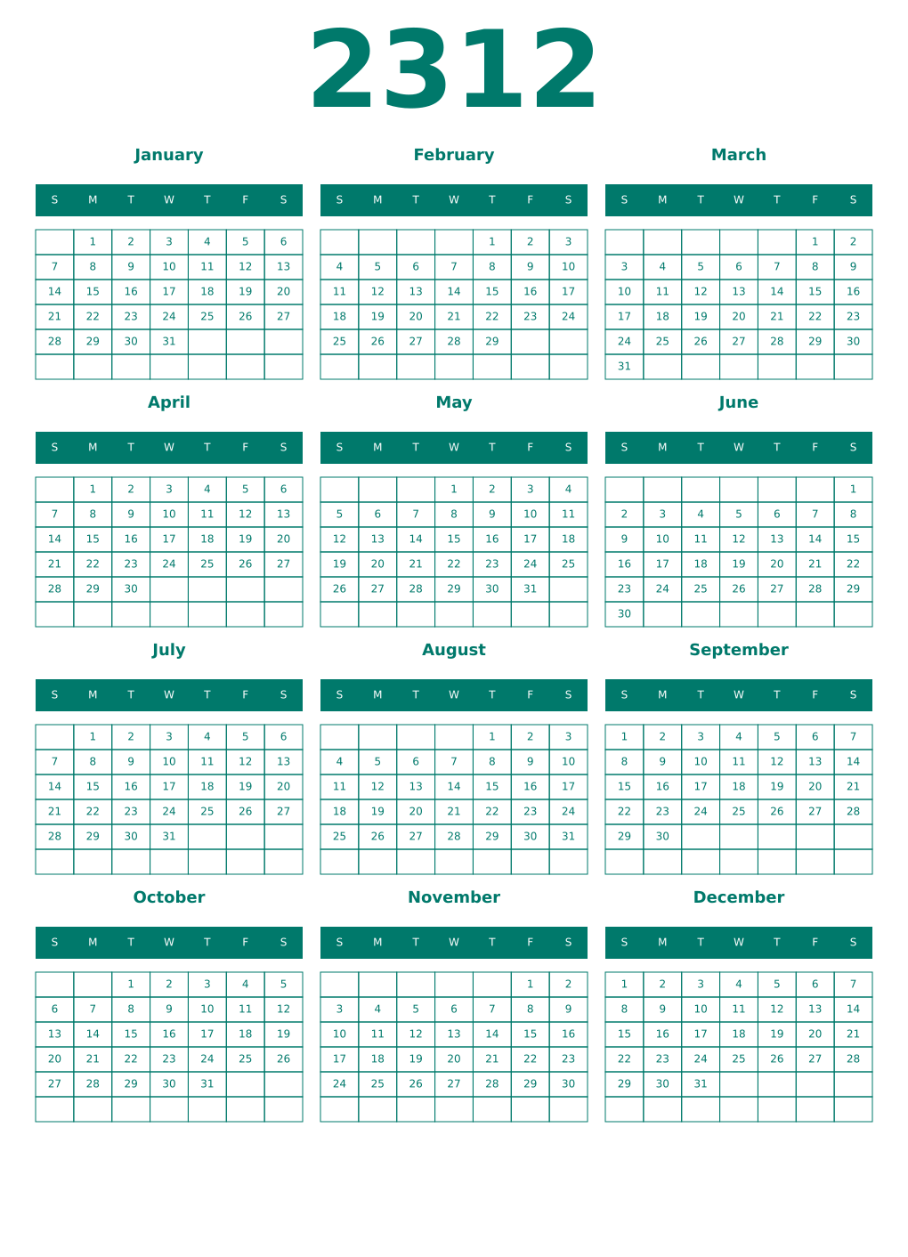 Printable 2312 Year Calendars pastel
