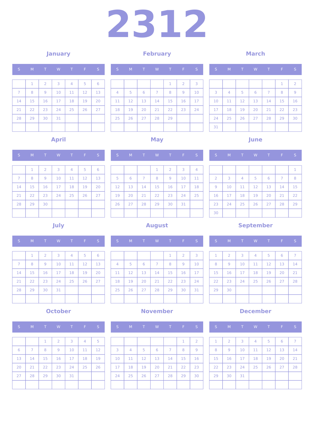 Printable 2312 Year Calendars periwinkle