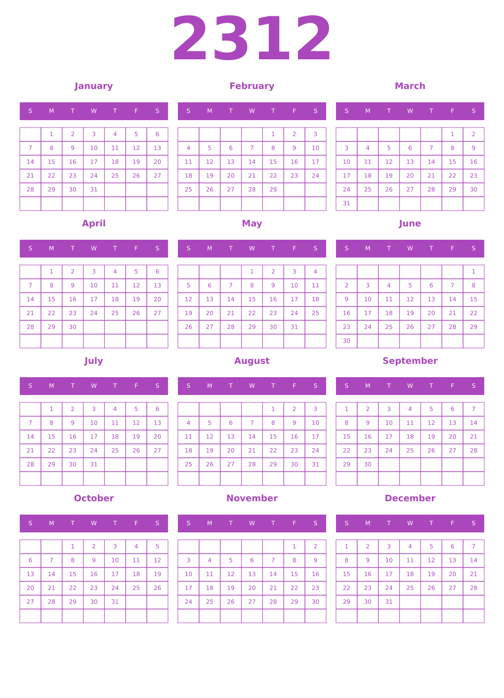 Printable 2312 Year Calendars purple