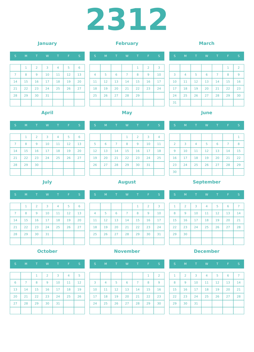 Printable 2312 Year Calendars verdigris