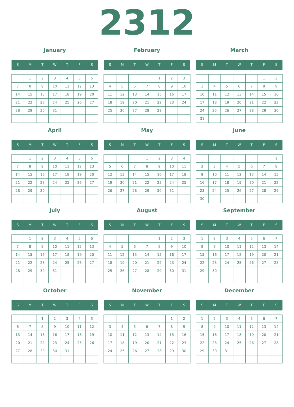 Printable 2312 Year Calendars viridian