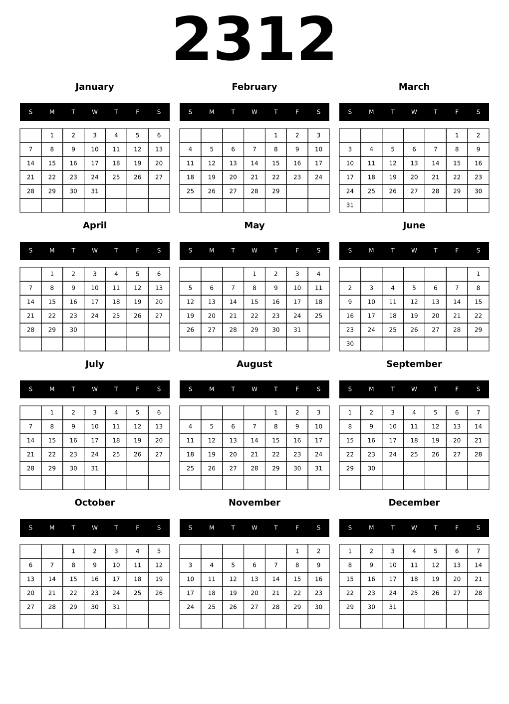 Printable 2312 Calendars