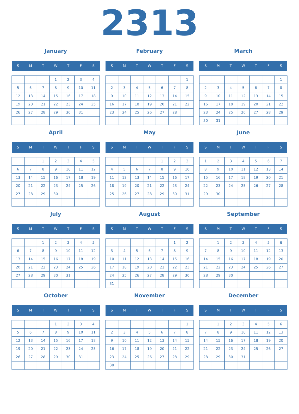Printable 2313 Year Calendars blue