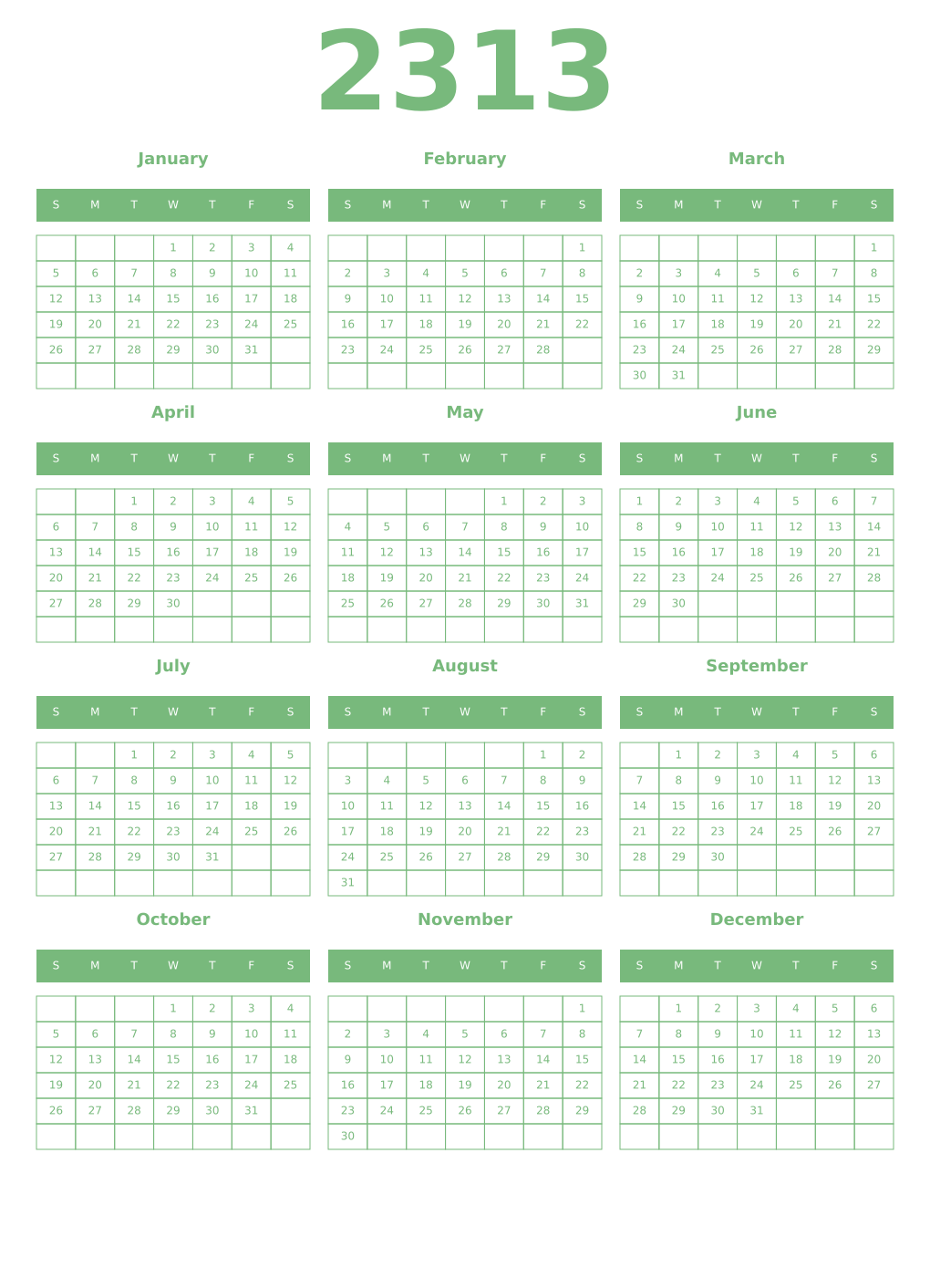 Printable 2313 Year Calendars celadon