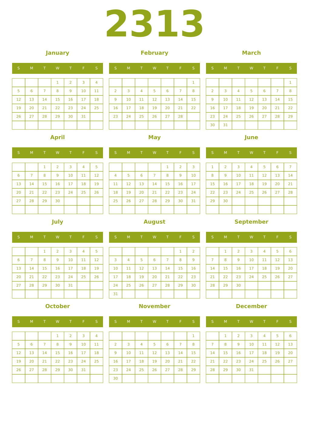 Printable 2313 Year Calendars chartreuse