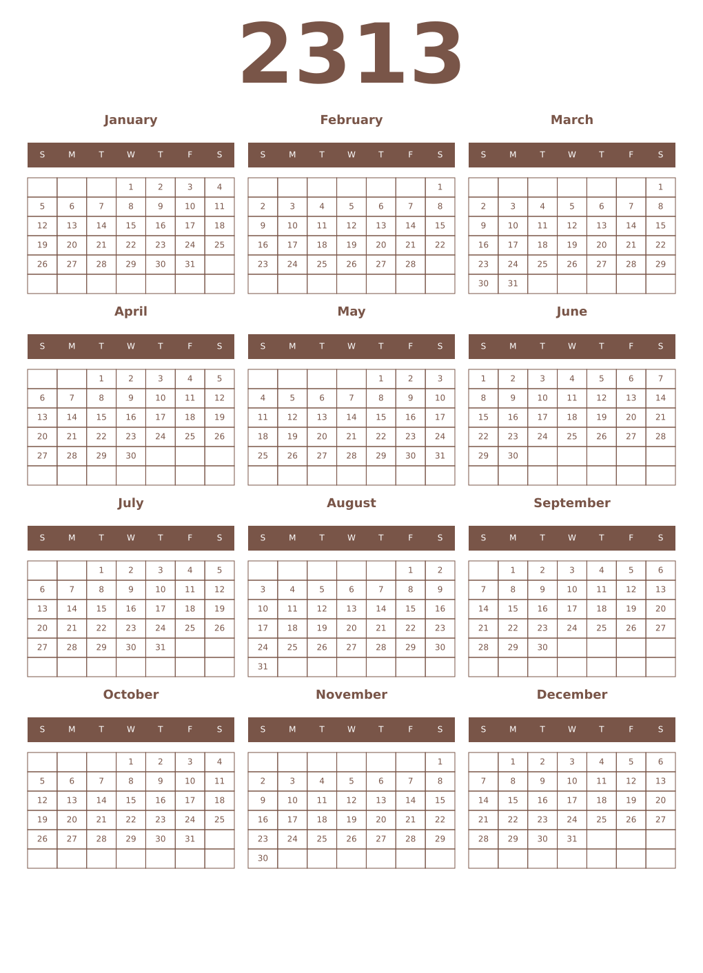 Printable 2313 Year Calendars coffe