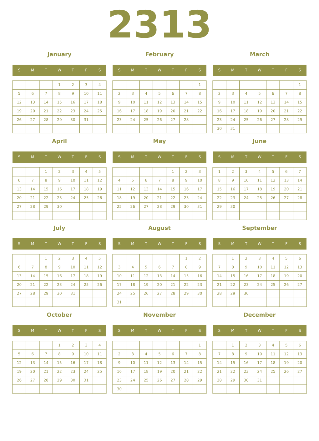 Printable 2313 Year Calendars eburnean