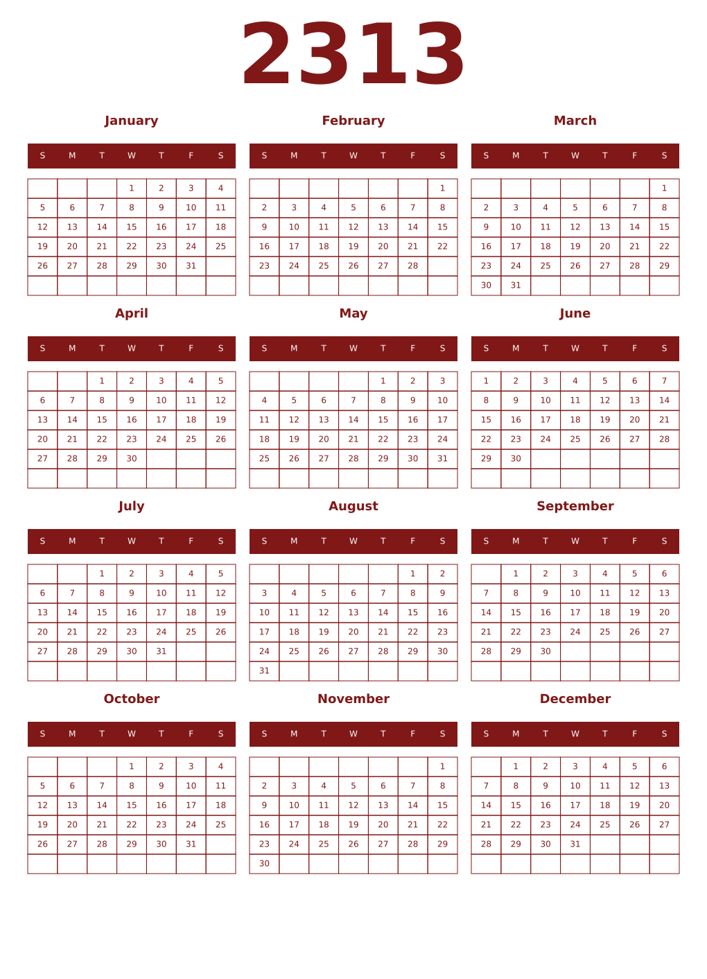 Printable 2313 Year Calendars falu