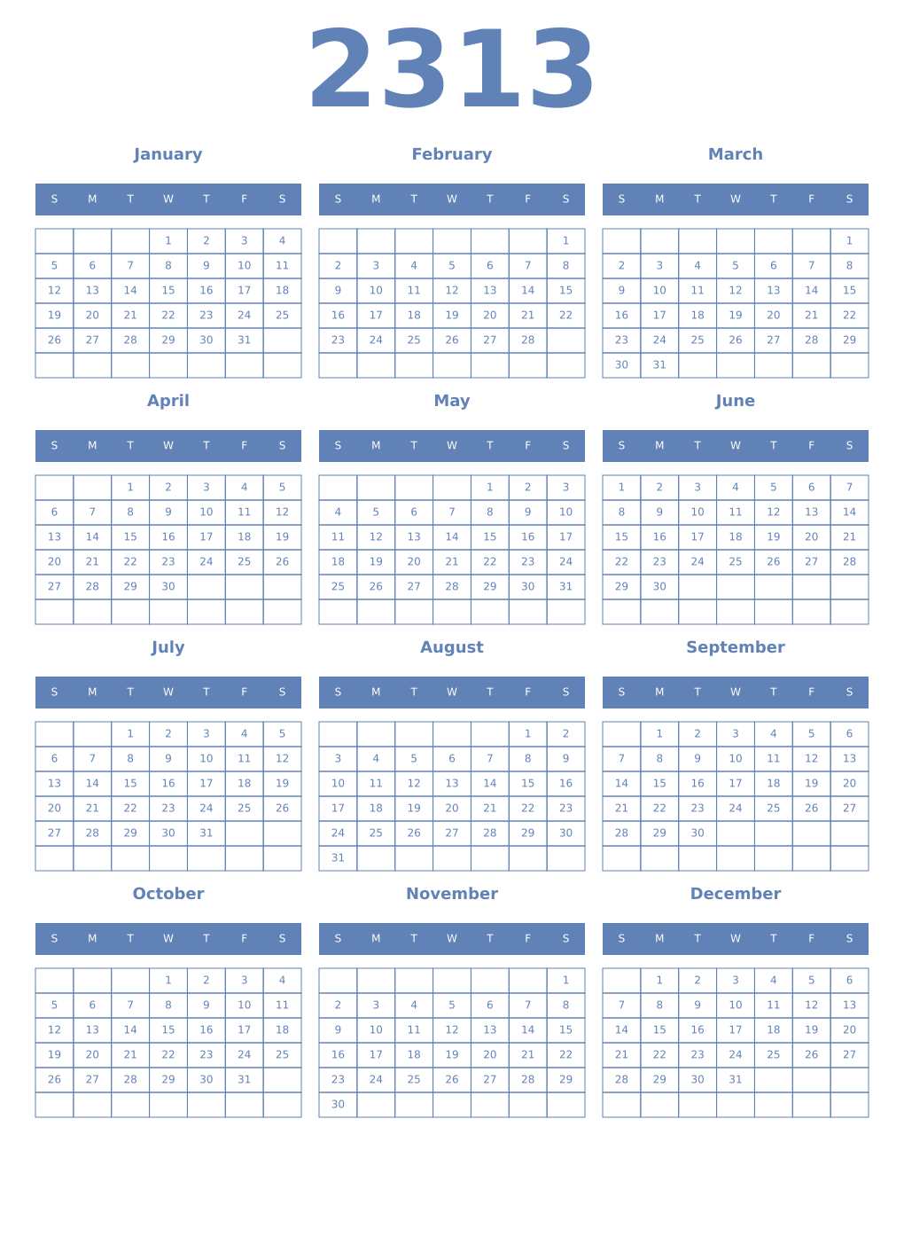 Printable 2313 Year Calendars glaucous