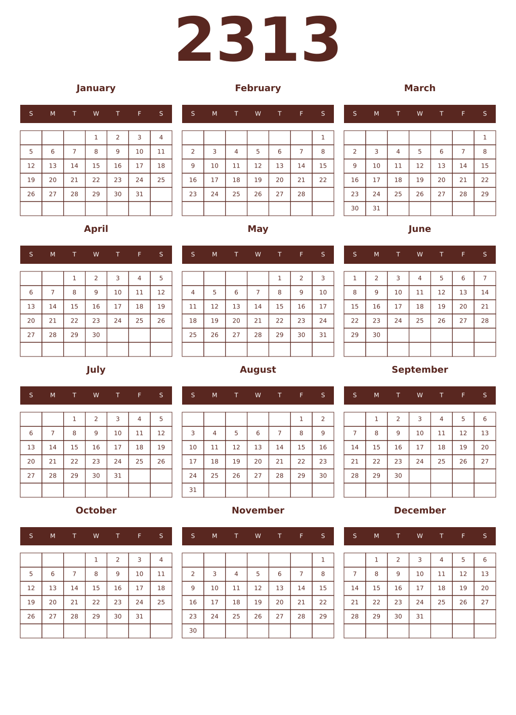 Printable 2313 Year Calendars mortuum