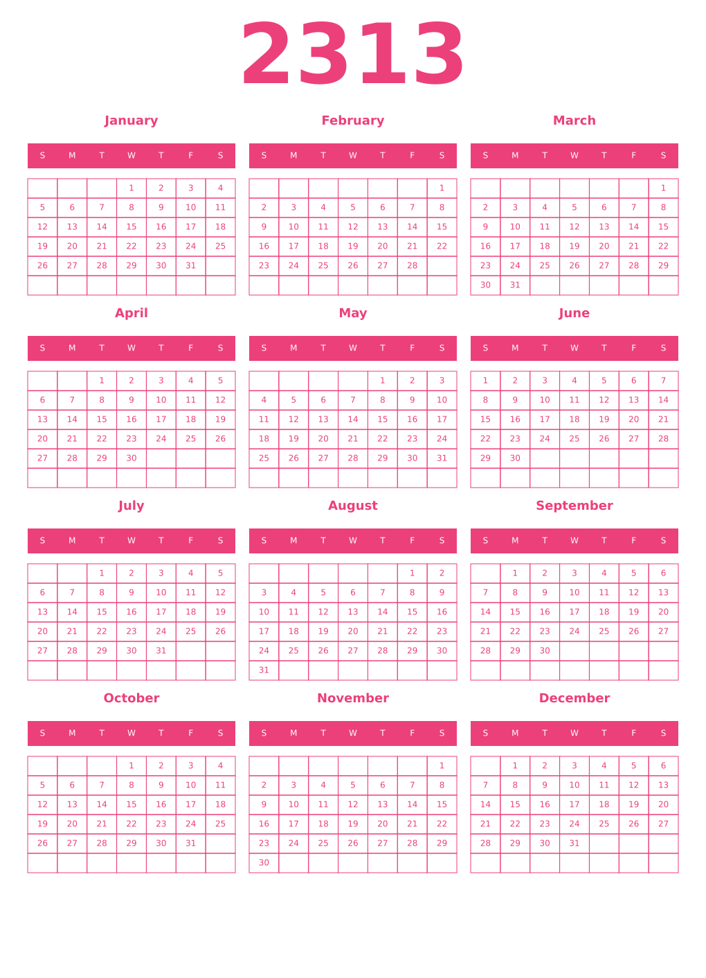Printable 2313 Year Calendars pink