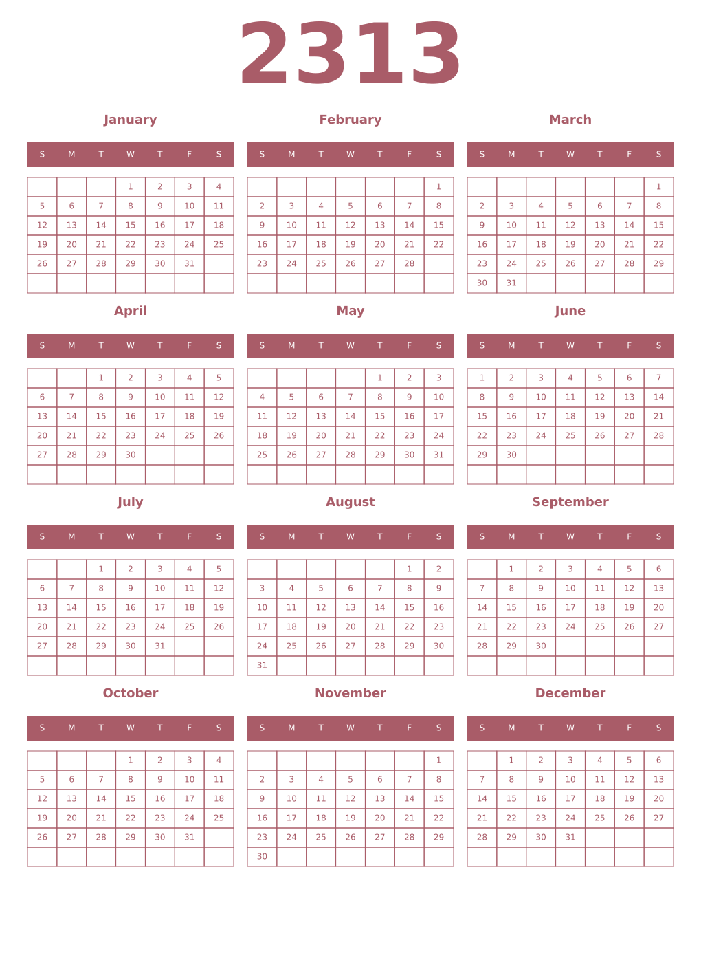 Printable 2313 Year Calendars puce