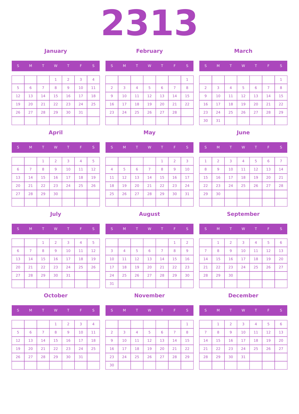 Printable 2313 Year Calendars purple