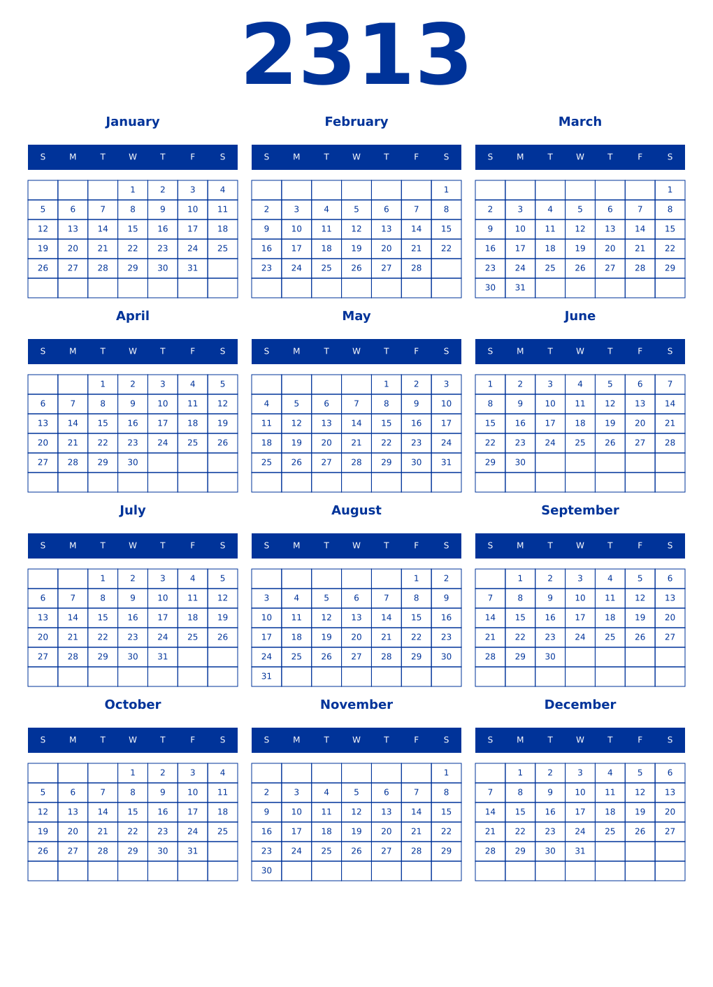 Printable 2313 Year Calendars smalt