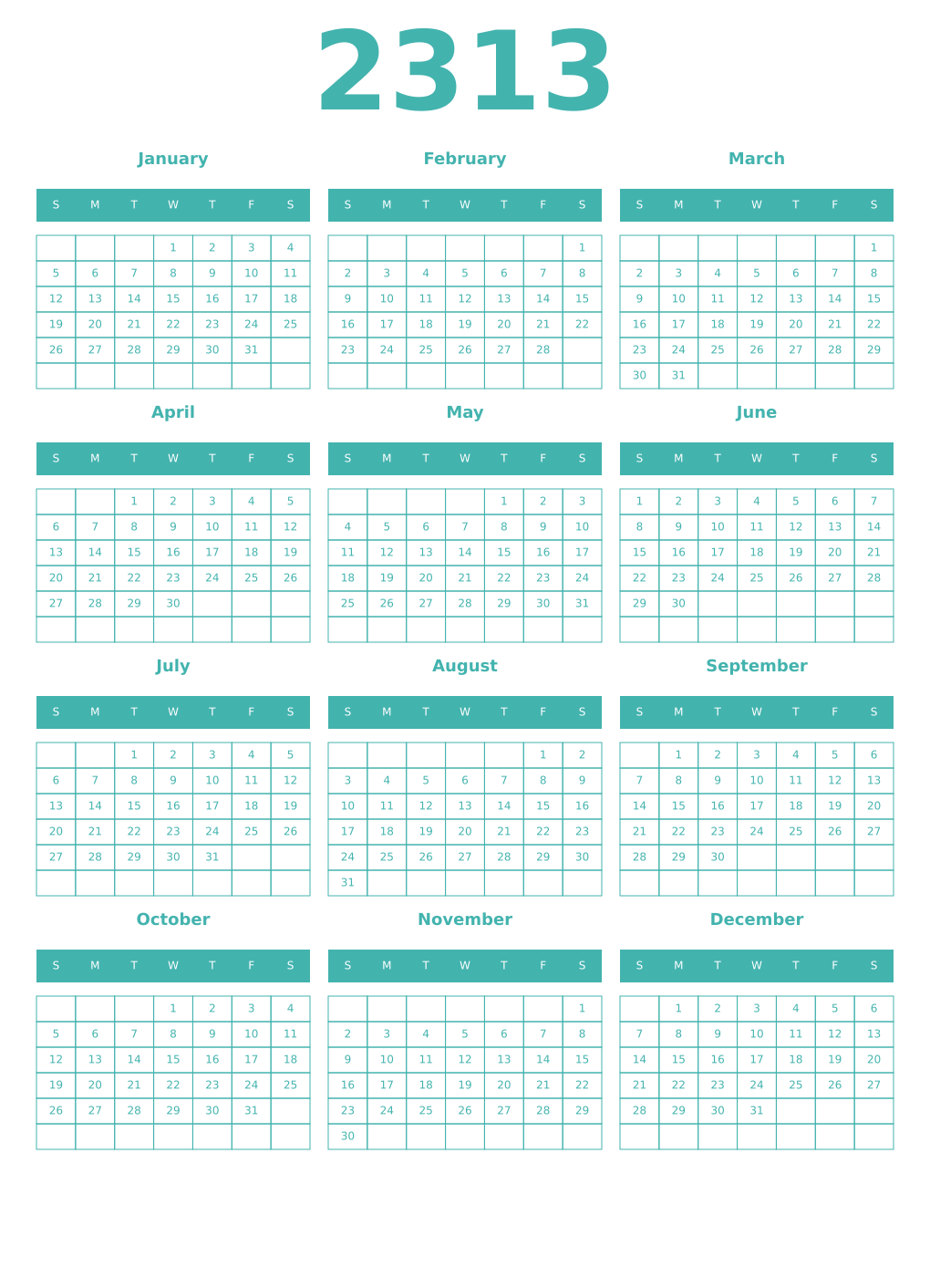 Printable 2313 Year Calendars verdigris