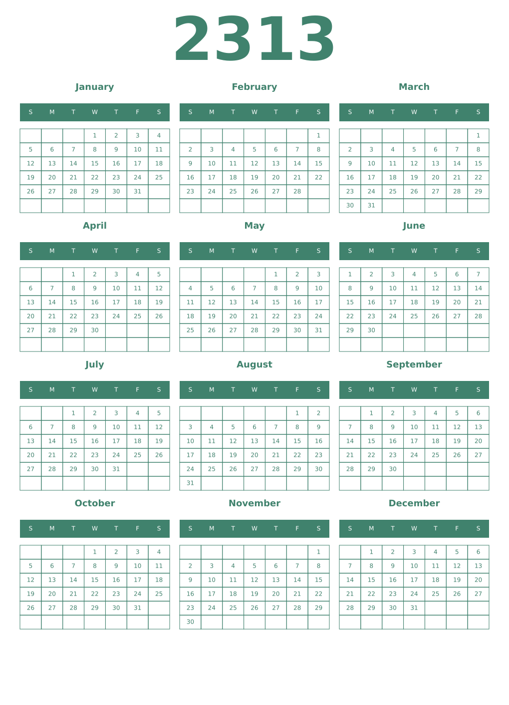 Printable 2313 Year Calendars viridian