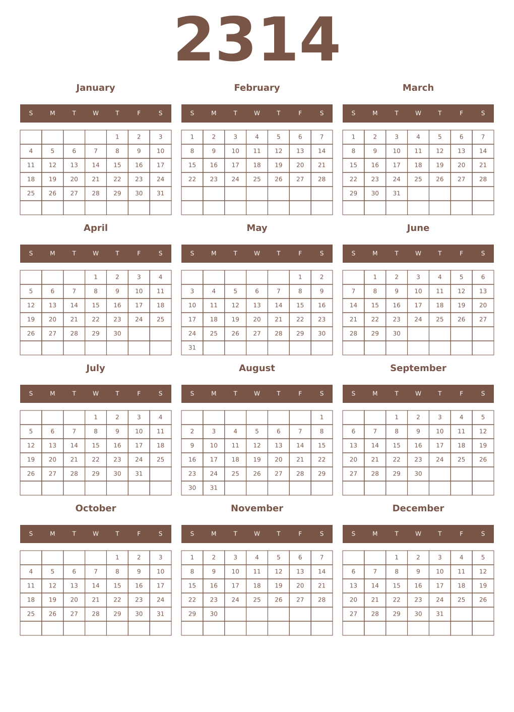 Printable 2314 Year Calendars coffe