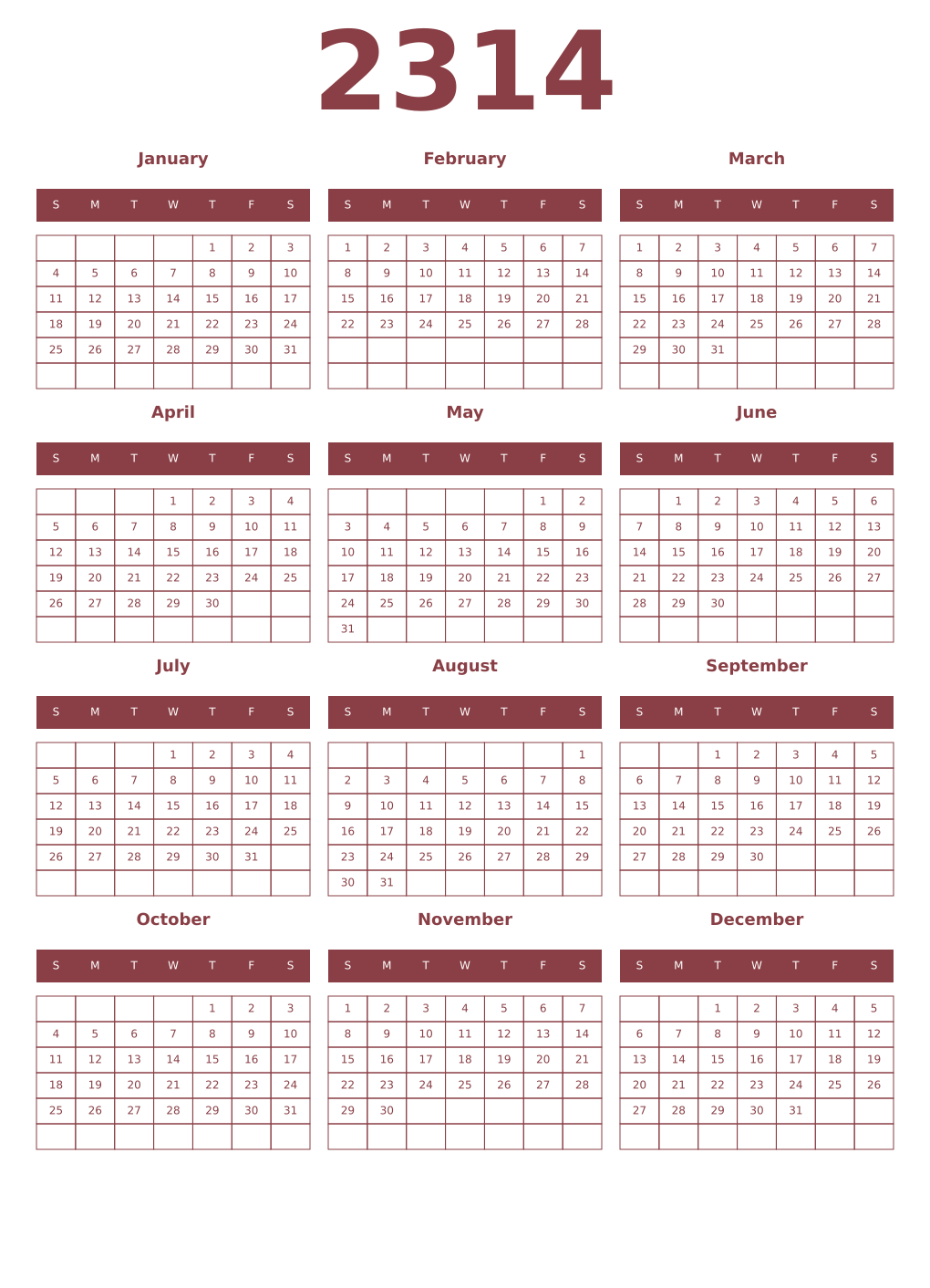 Printable 2314 Year Calendars cordovan