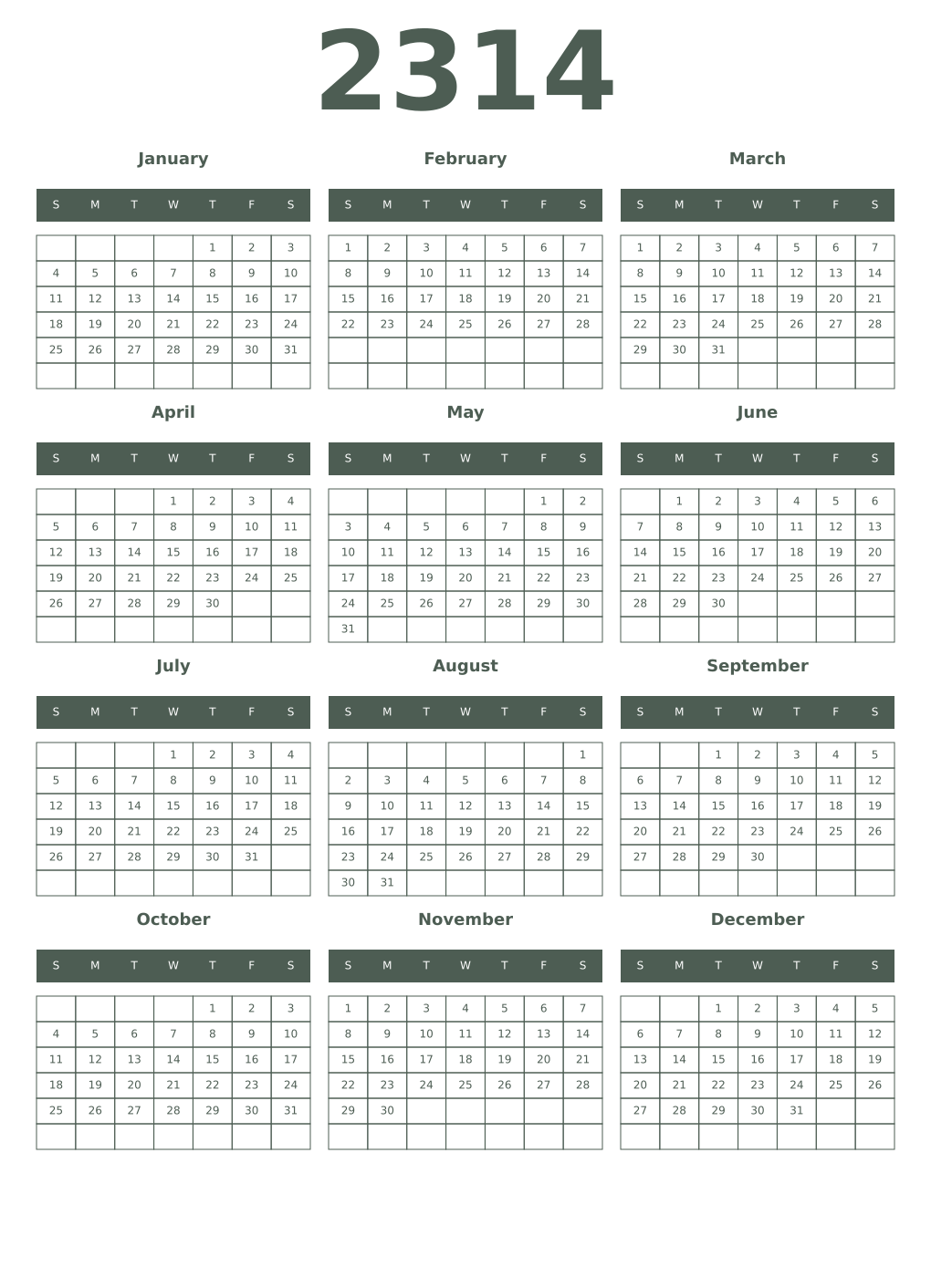 Printable 2314 Year Calendars feldgrau