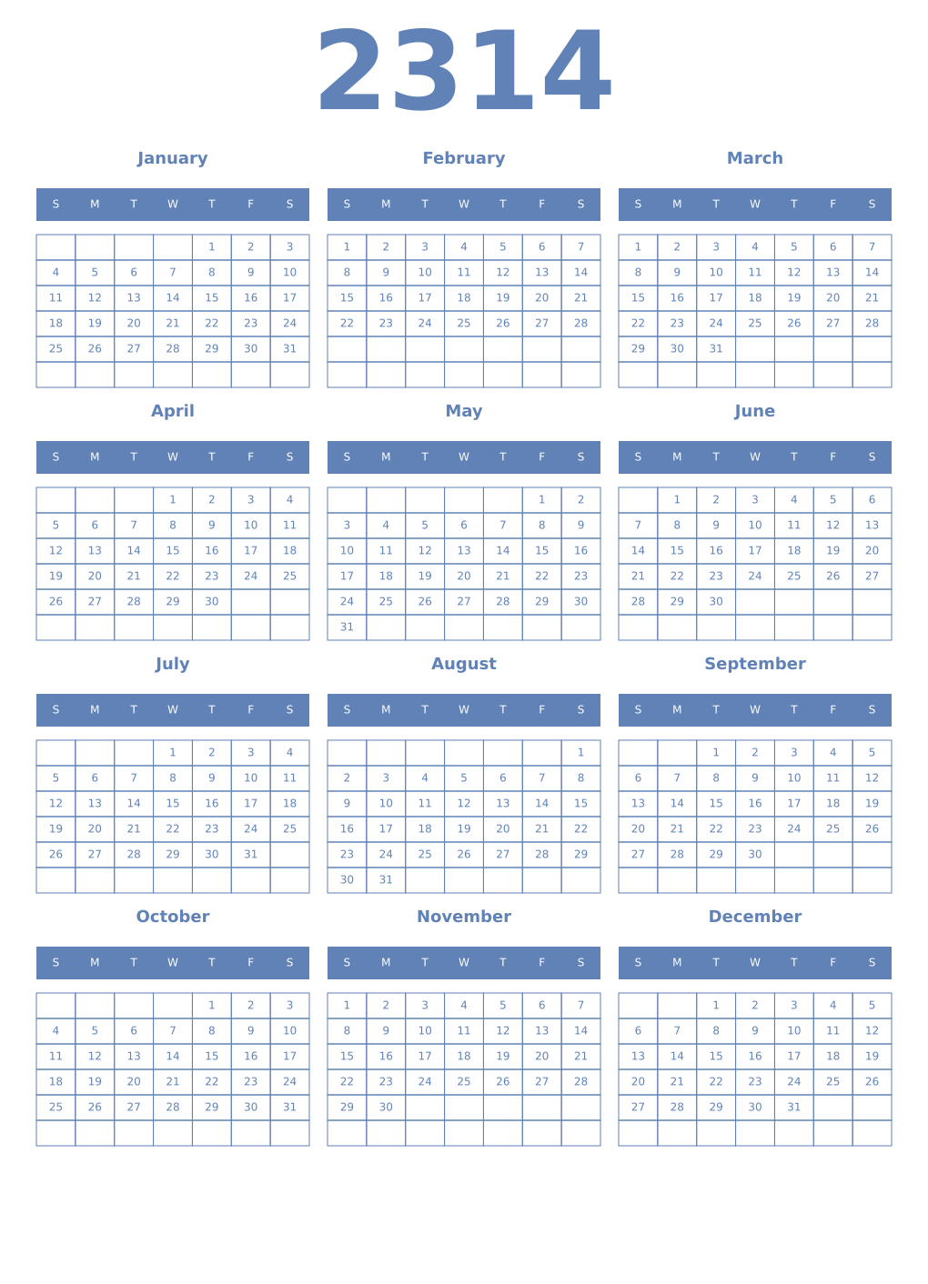 Printable 2314 Year Calendars glaucous