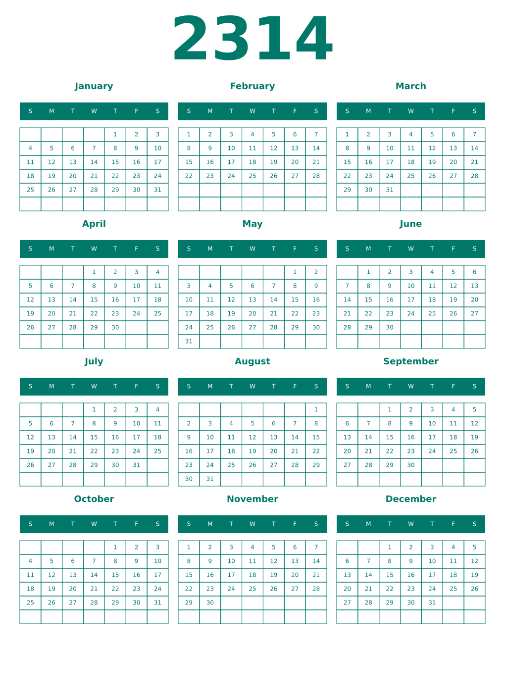 Printable 2314 Year Calendars pastel