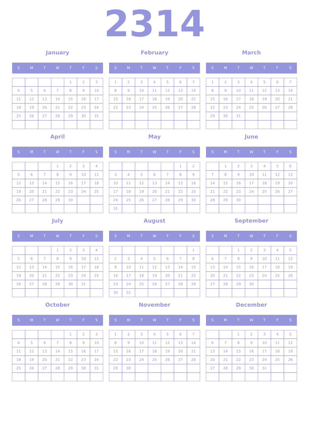 Printable 2314 Year Calendars periwinkle