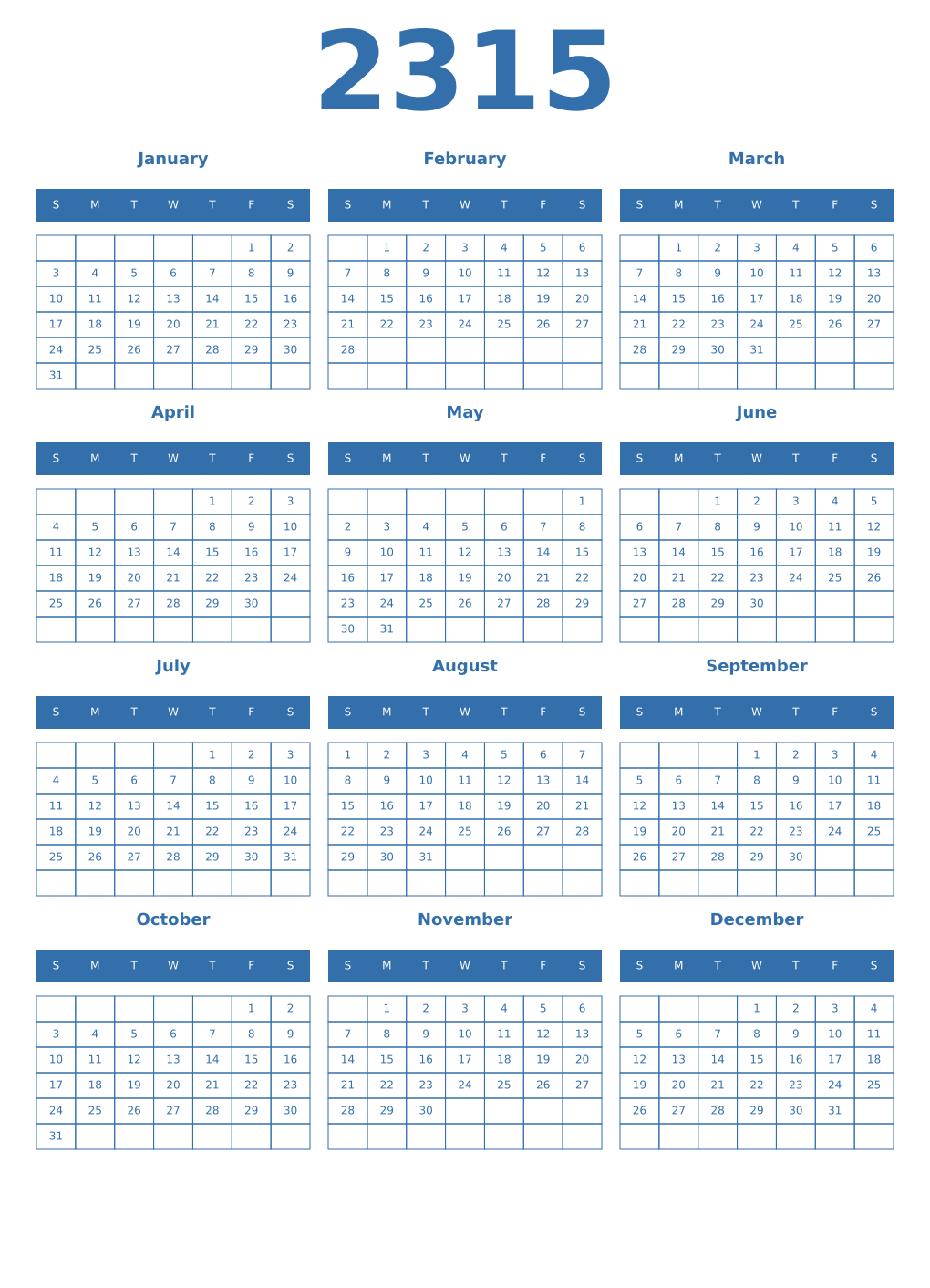 Printable 2315 Year Calendars blue