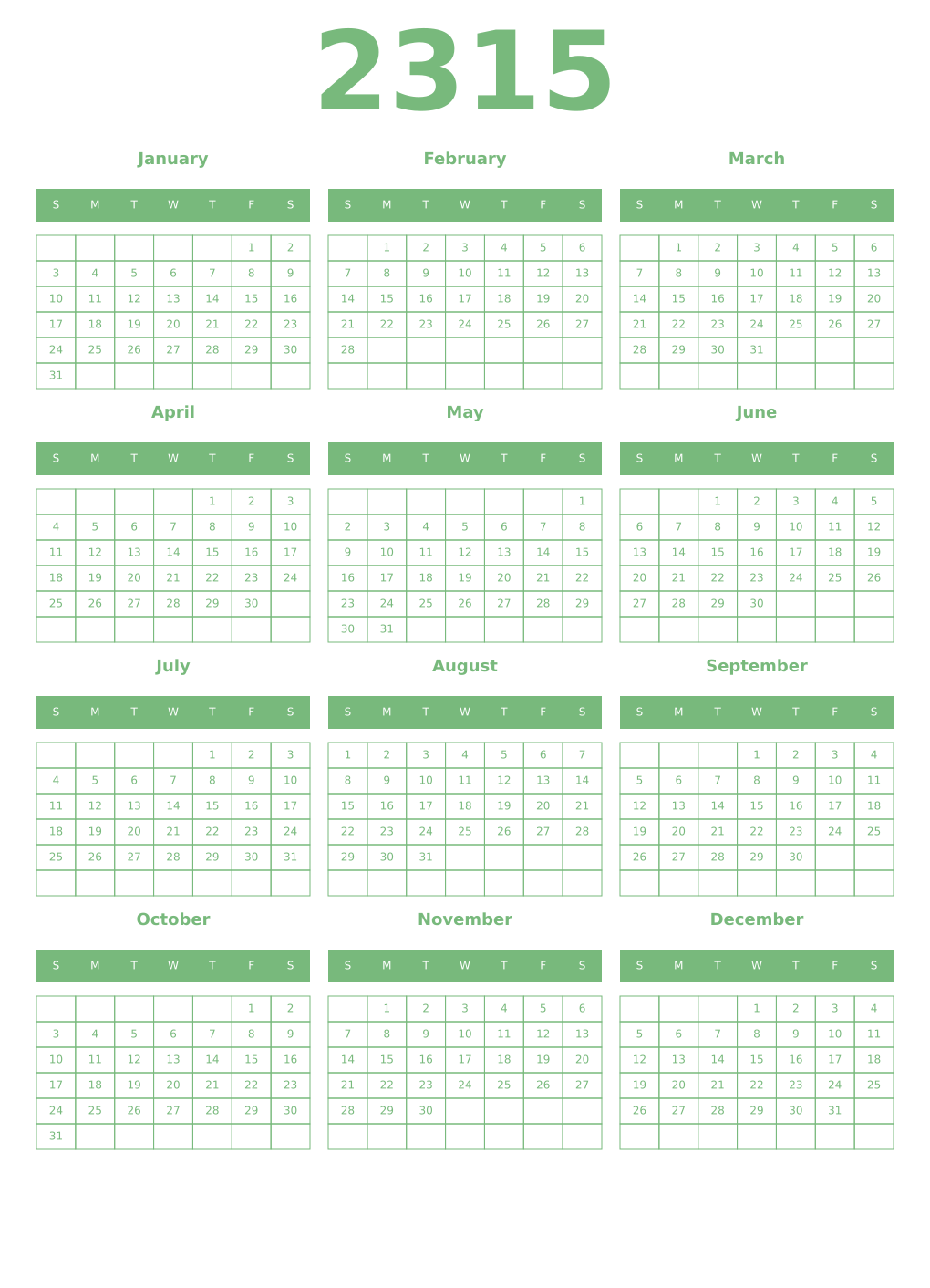 Printable 2315 Year Calendars celadon