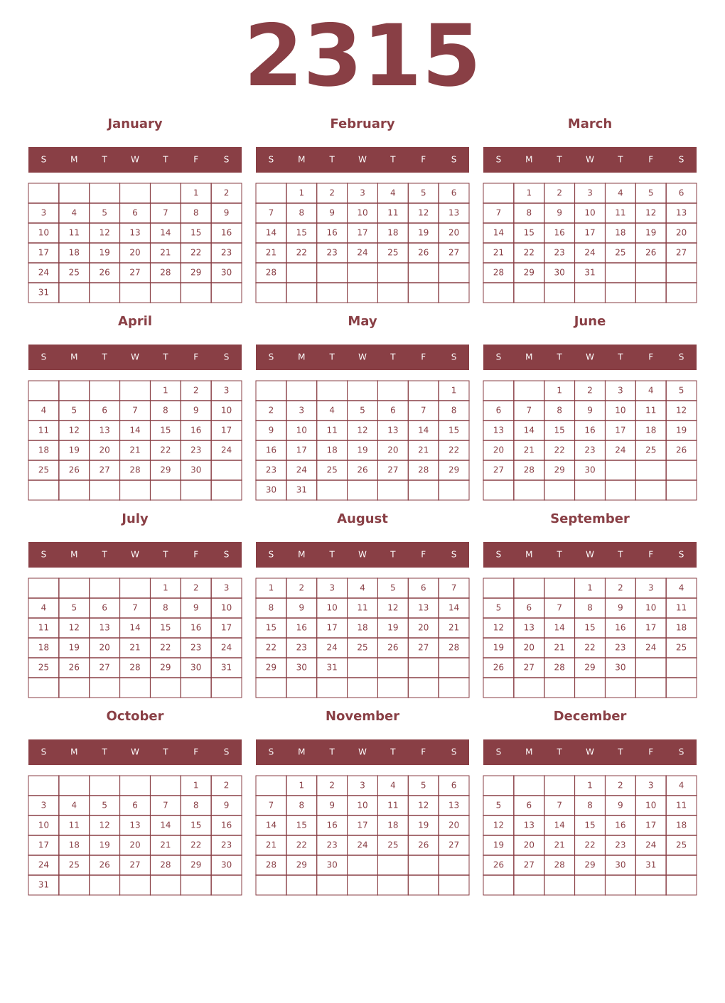 Printable 2315 Year Calendars cordovan