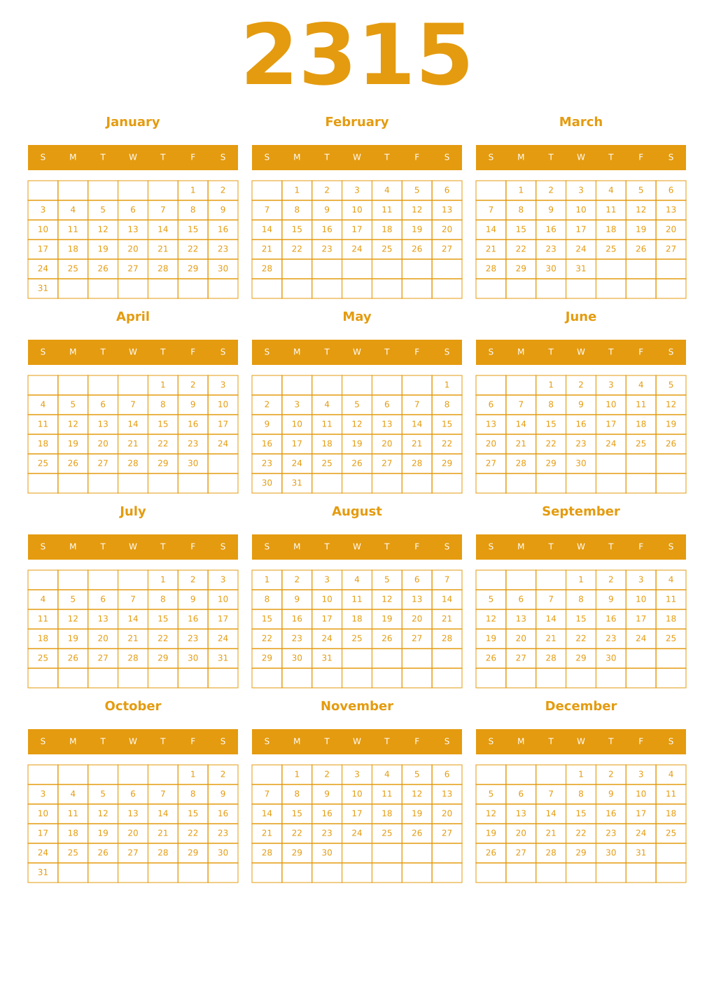 Printable 2315 Year Calendars gamboge