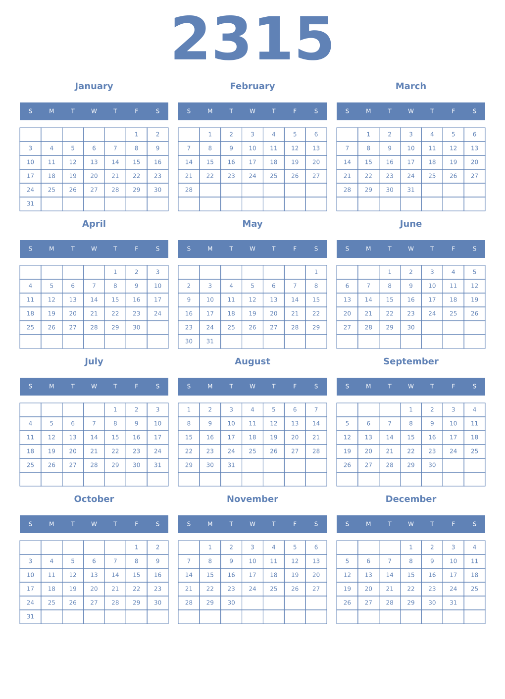 Printable 2315 Year Calendars glaucous