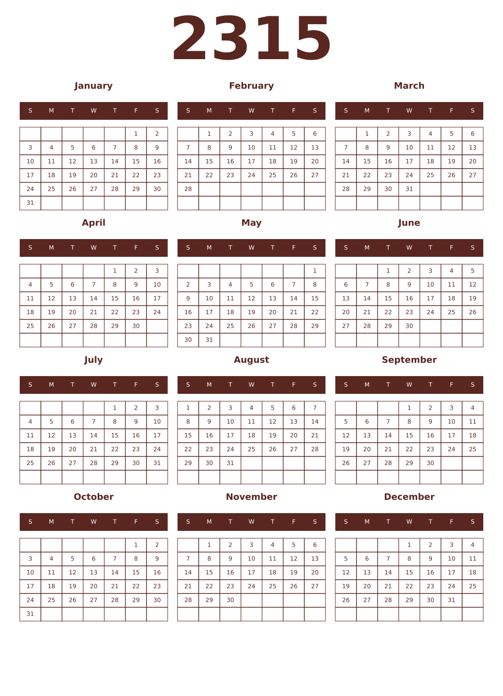 Printable 2315 Year Calendars mortuum