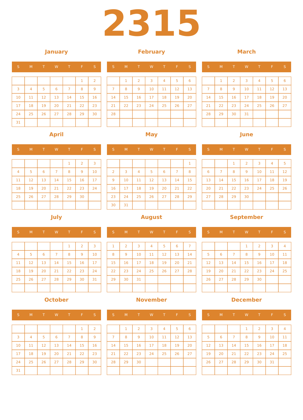 Printable 2315 Year Calendars orange