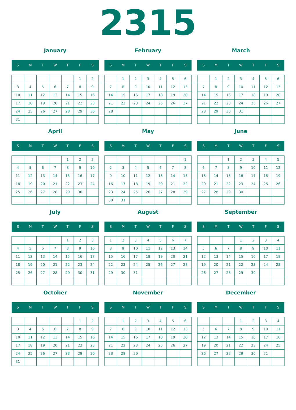 Printable 2315 Year Calendars pastel
